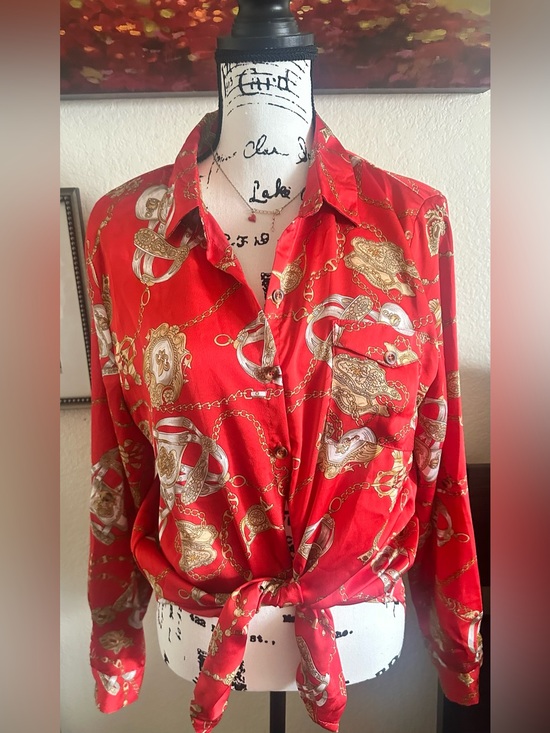 Michele Tops - Michele Red Button-Up Blouse with Gold and White Chain Motif